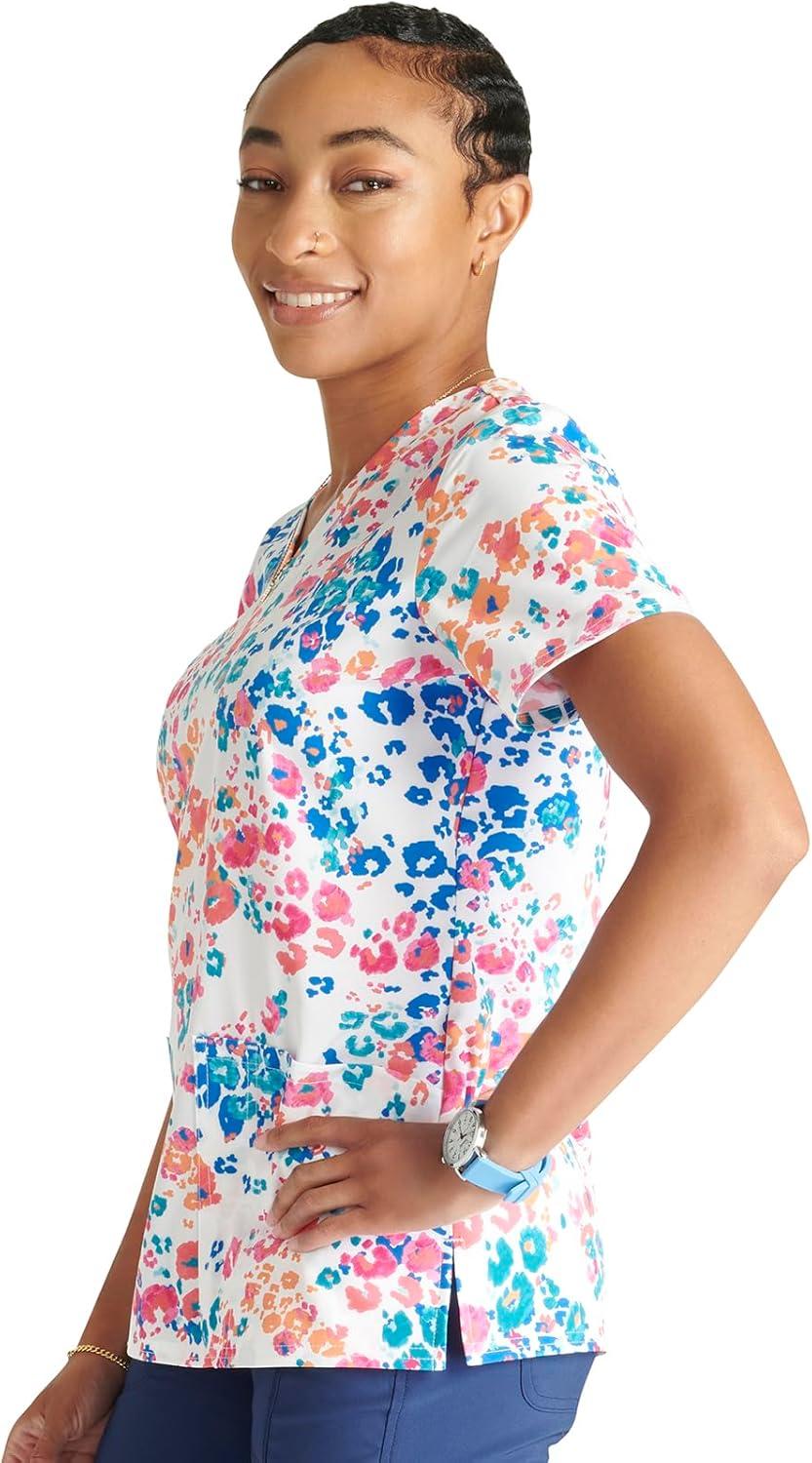 imageCherokee Women Scrub Tops VNeck Print Top with 2 Pockets Back Yoke Seam and Side Vents CK671Marker Leopard