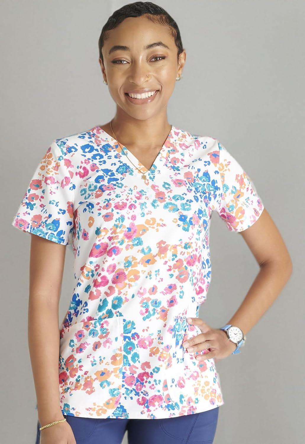imageCherokee Women Scrub Tops VNeck Print Top with 2 Pockets Back Yoke Seam and Side Vents CK671Marker Leopard