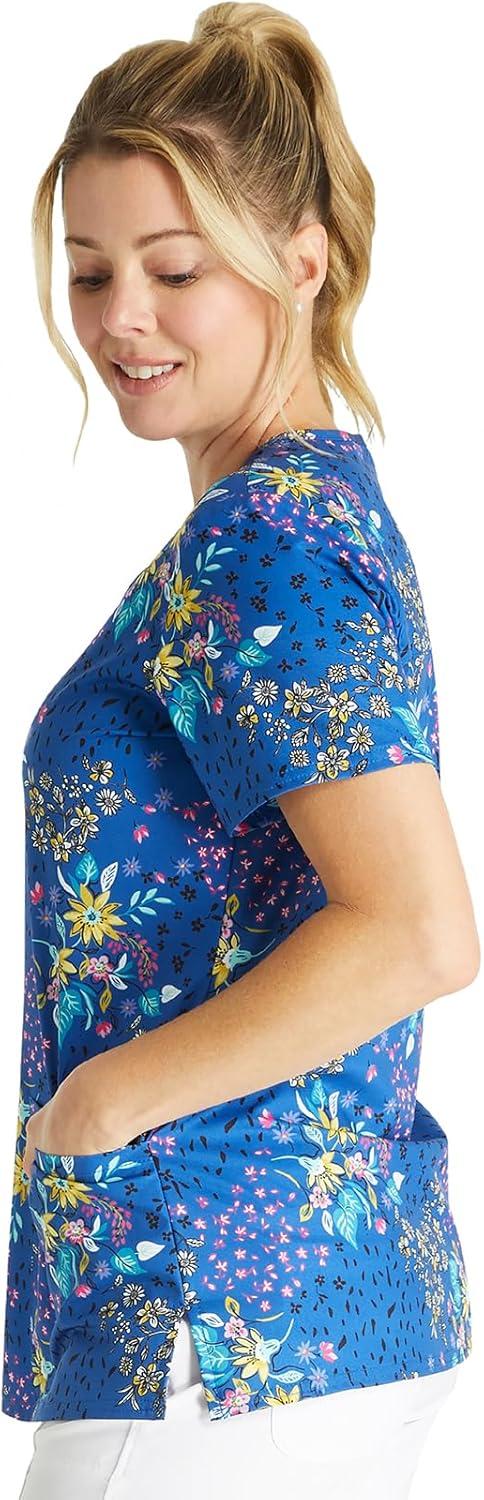 imageCherokee Women Scrub Tops VNeck Print Top with 2 Pockets Back Yoke Seam and Side Vents CK671Patchwork Pop