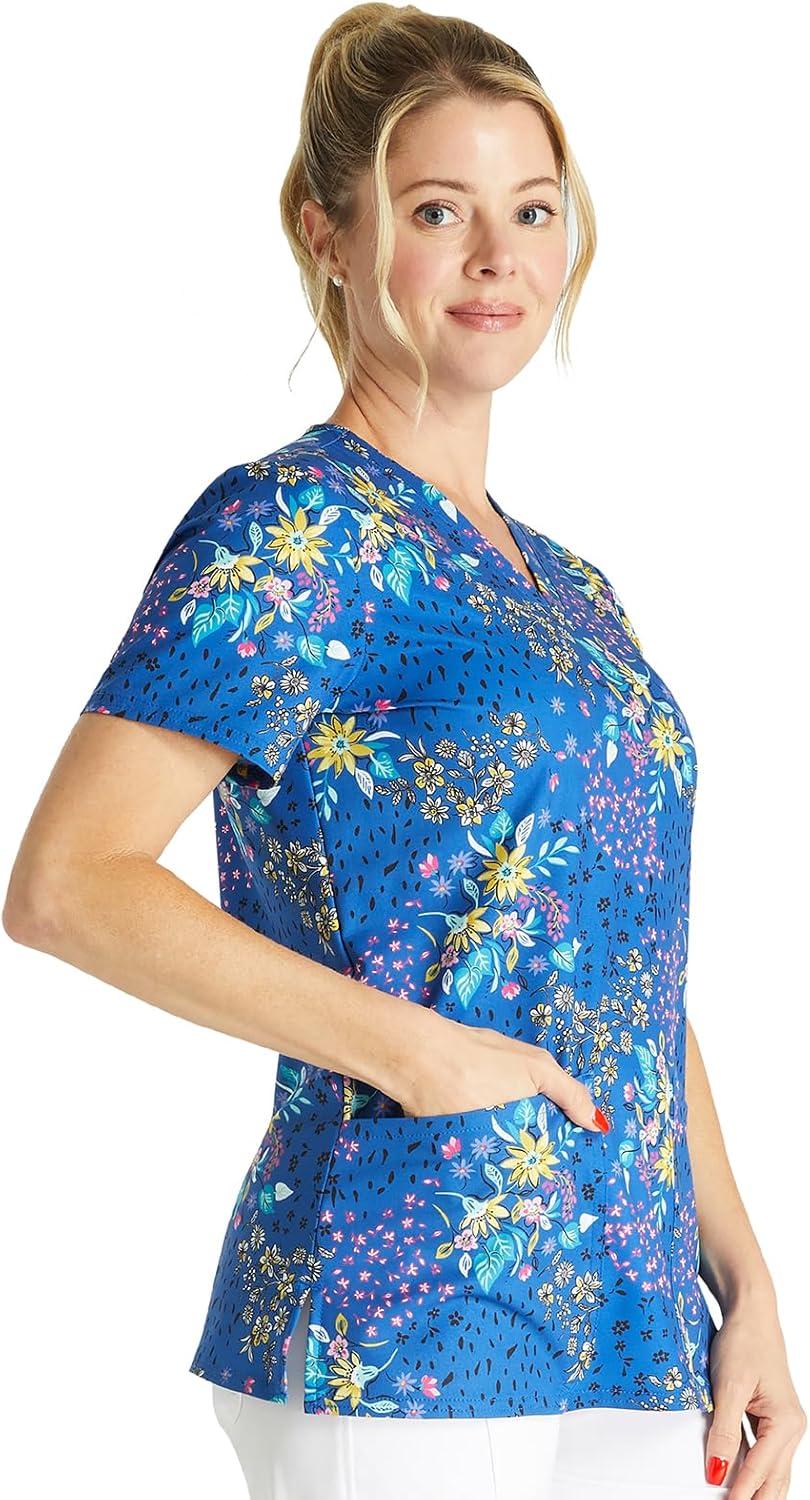 imageCherokee Women Scrub Tops VNeck Print Top with 2 Pockets Back Yoke Seam and Side Vents CK671Patchwork Pop