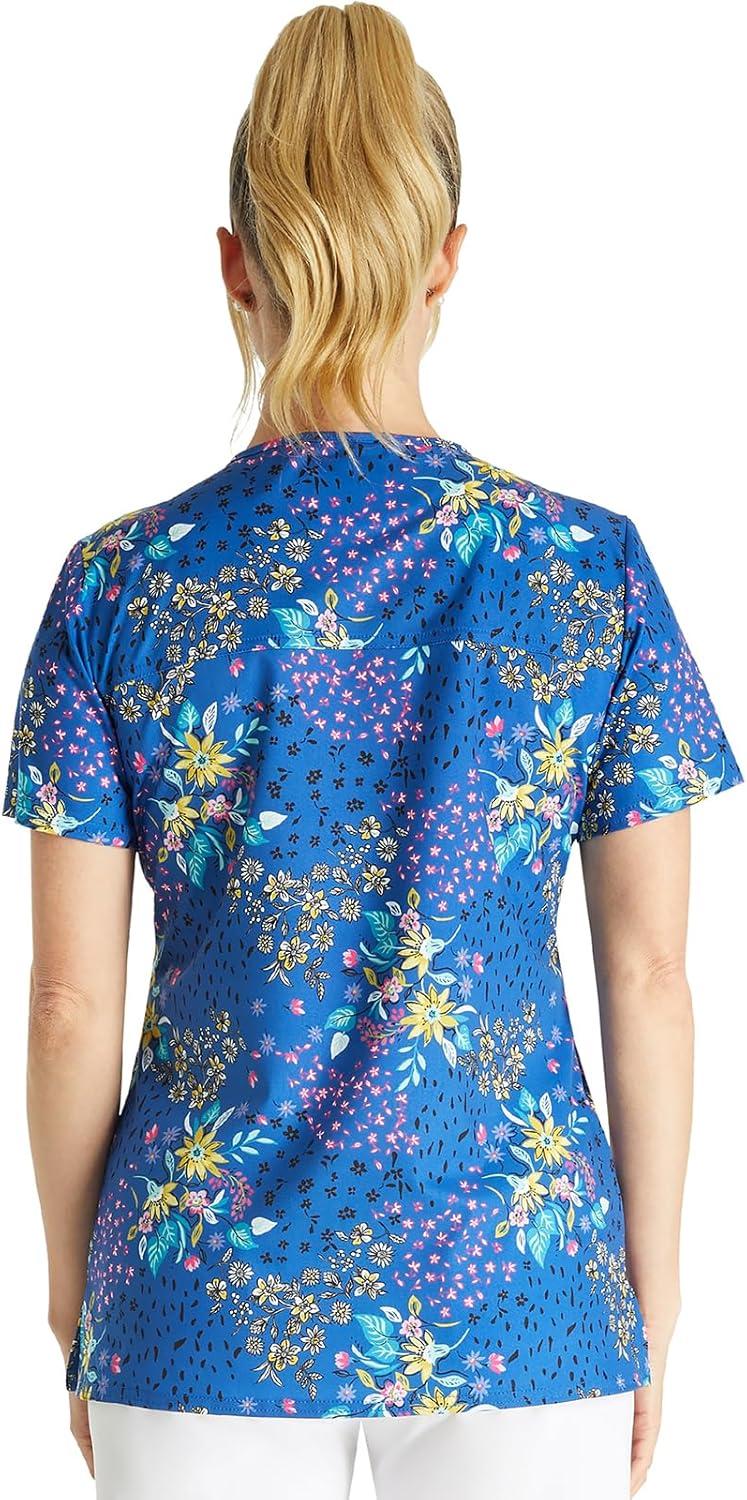 imageCherokee Women Scrub Tops VNeck Print Top with 2 Pockets Back Yoke Seam and Side Vents CK671Patchwork Pop