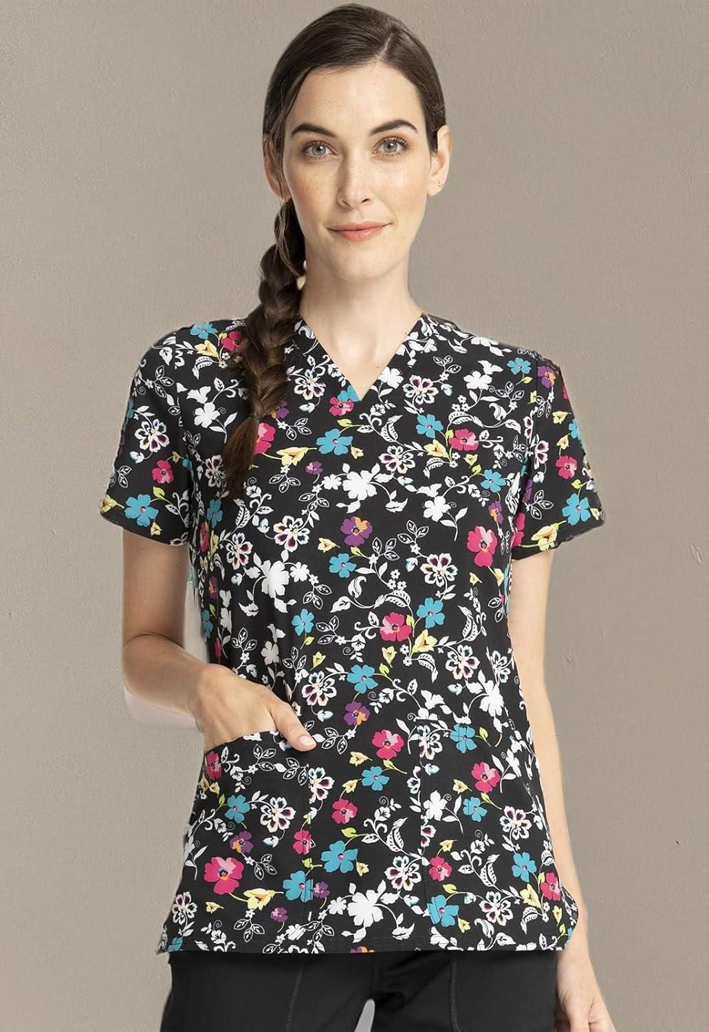 imageCherokee Women Scrub Tops VNeck Print Top with 2 Pockets Back Yoke Seam and Side Vents CK671Scroll for It