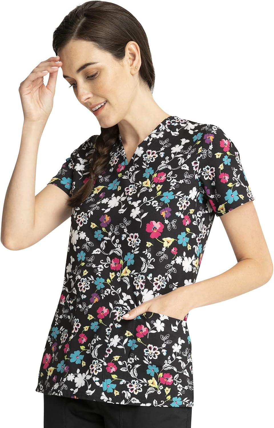 imageCherokee Women Scrub Tops VNeck Print Top with 2 Pockets Back Yoke Seam and Side Vents CK671Scroll for It