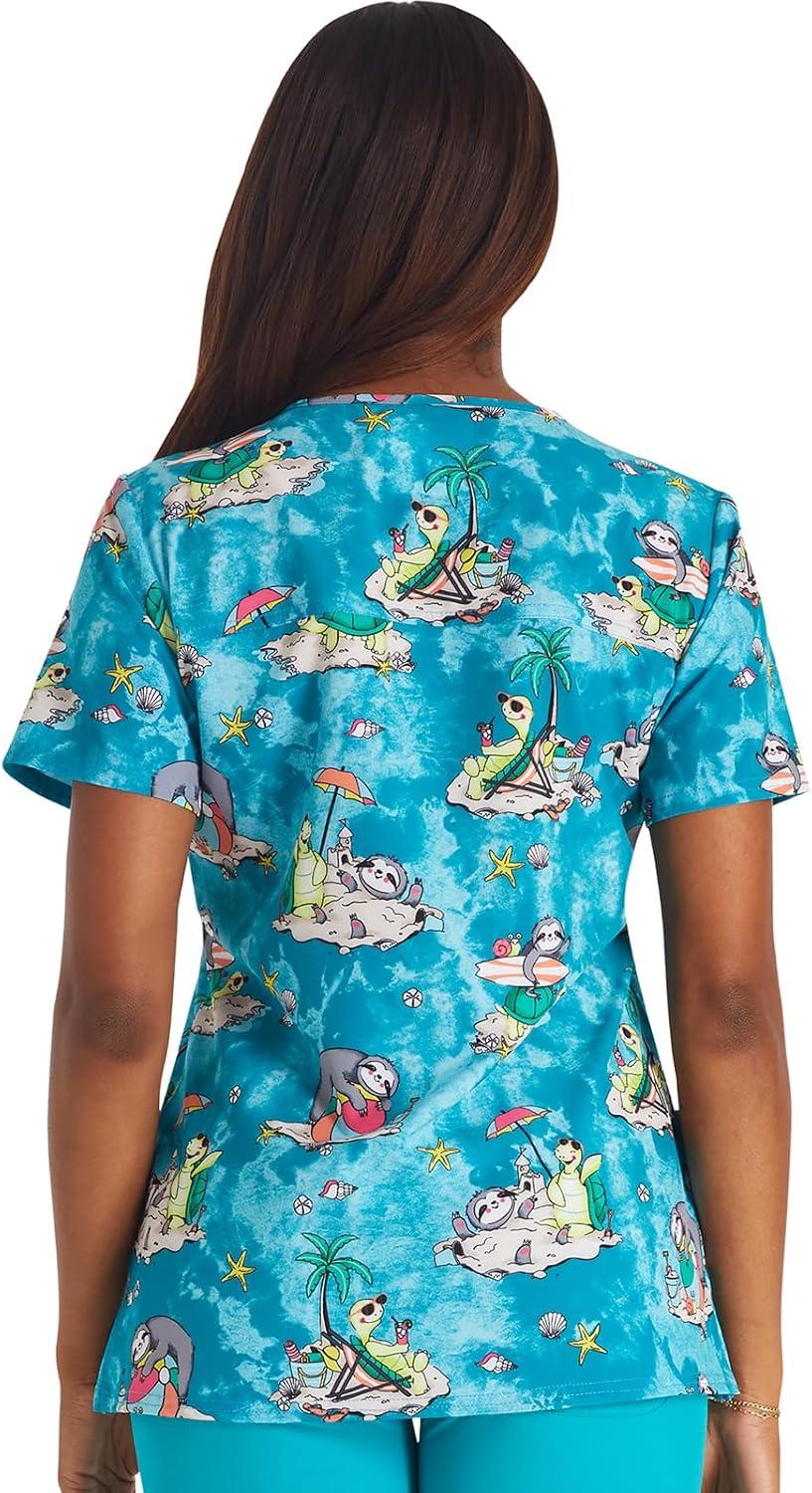 imageCherokee Women Scrub Tops VNeck Print Top with 2 Pockets Back Yoke Seam and Side Vents CK671Slow Tide