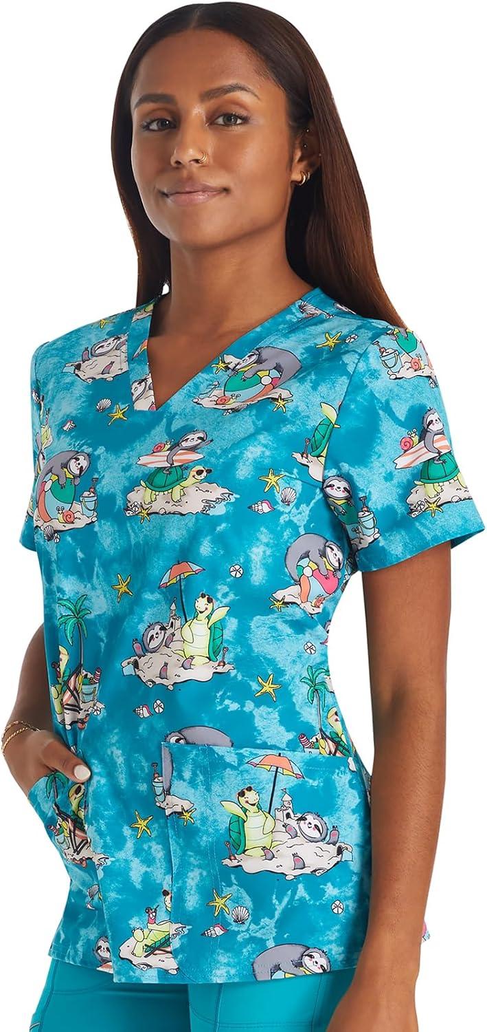 imageCherokee Women Scrub Tops VNeck Print Top with 2 Pockets Back Yoke Seam and Side Vents CK671Slow Tide