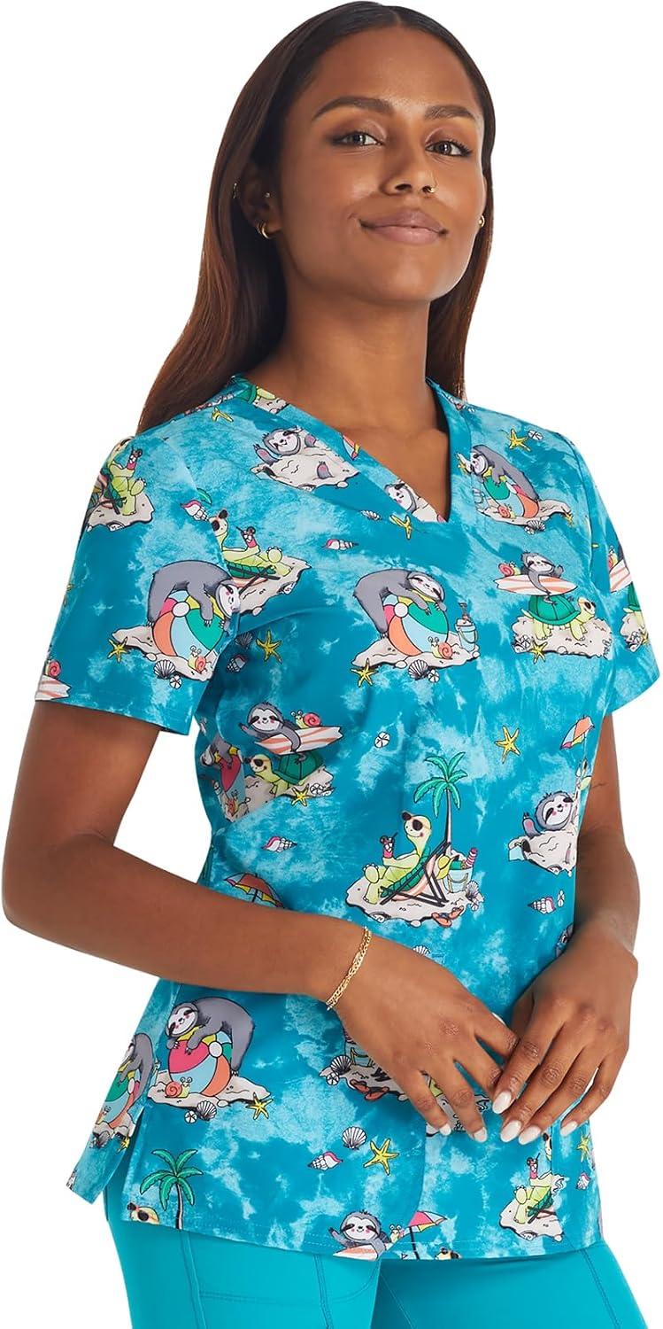 imageCherokee Women Scrub Tops VNeck Print Top with 2 Pockets Back Yoke Seam and Side Vents CK671Slow Tide
