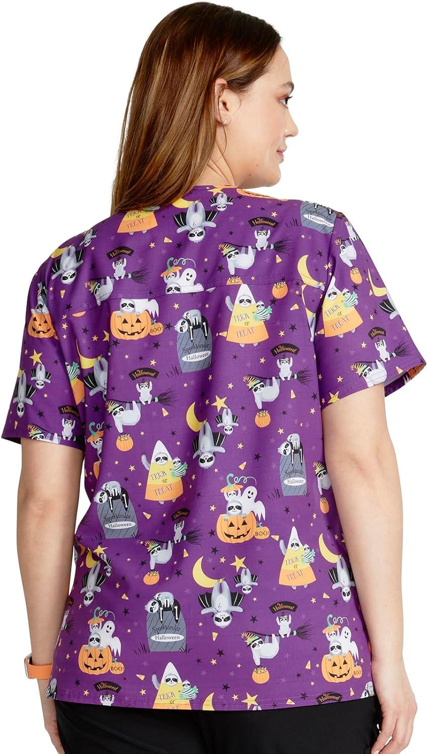 imageCherokee Women Scrub Tops VNeck Print Top with 2 Pockets Back Yoke Seam and Side Vents CK671Spooktacular Sloths
