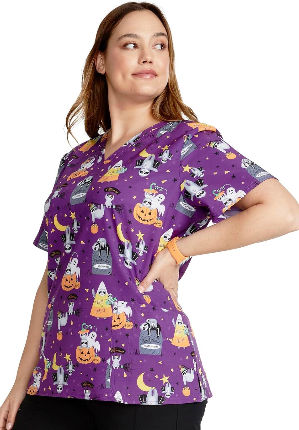imageCherokee Women Scrub Tops VNeck Print Top with 2 Pockets Back Yoke Seam and Side Vents CK671Spooktacular Sloths