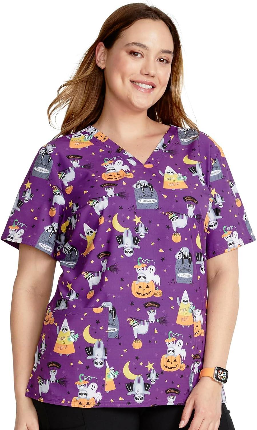 imageCherokee Women Scrub Tops VNeck Print Top with 2 Pockets Back Yoke Seam and Side Vents CK671Spooktacular Sloths