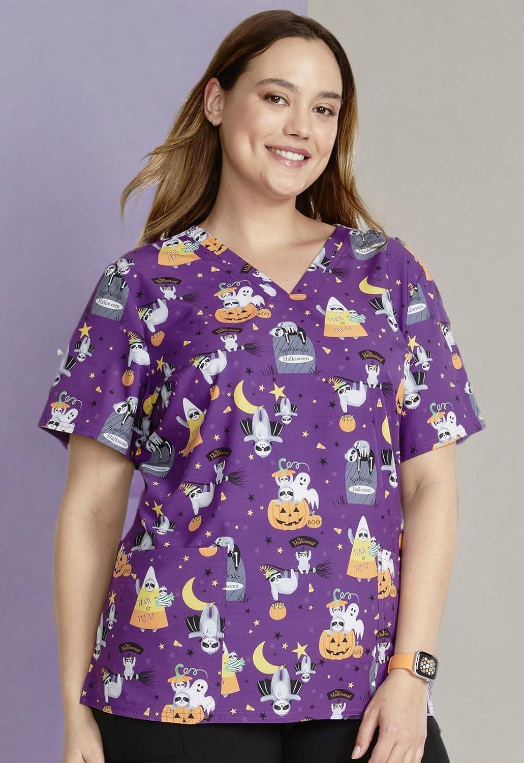 imageCherokee Women Scrub Tops VNeck Print Top with 2 Pockets Back Yoke Seam and Side Vents CK671Spooktacular Sloths