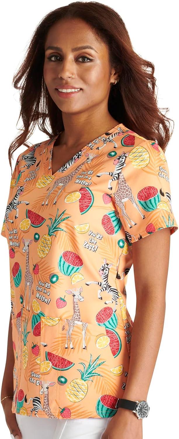 imageCherokee Women Scrub Tops VNeck Print Top with 2 Pockets Back Yoke Seam and Side Vents CK671Youre the Zest