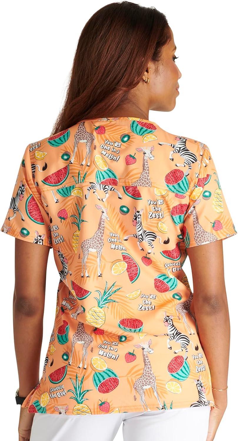 imageCherokee Women Scrub Tops VNeck Print Top with 2 Pockets Back Yoke Seam and Side Vents CK671Youre the Zest