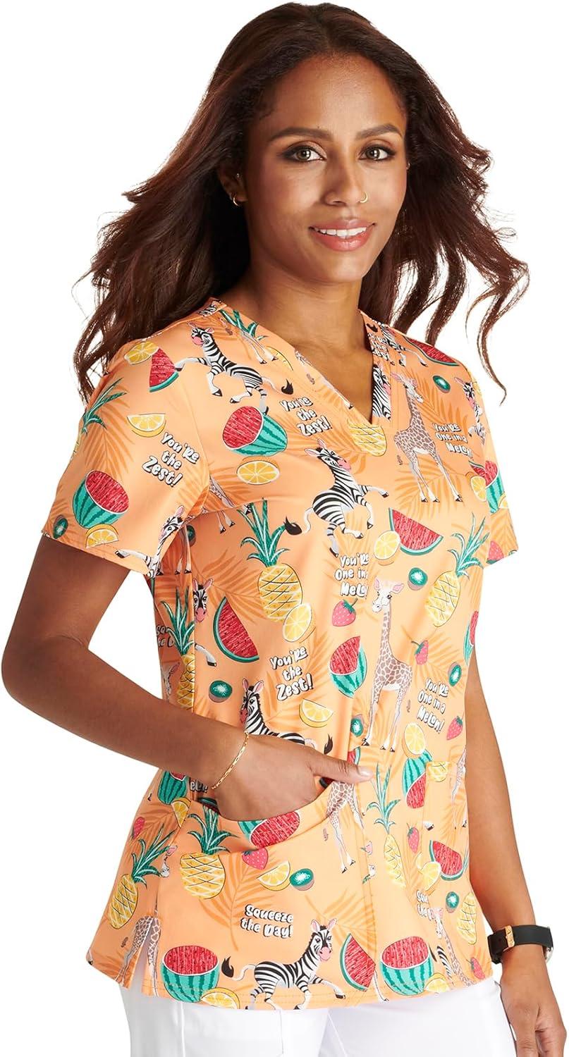 imageCherokee Women Scrub Tops VNeck Print Top with 2 Pockets Back Yoke Seam and Side Vents CK671Youre the Zest
