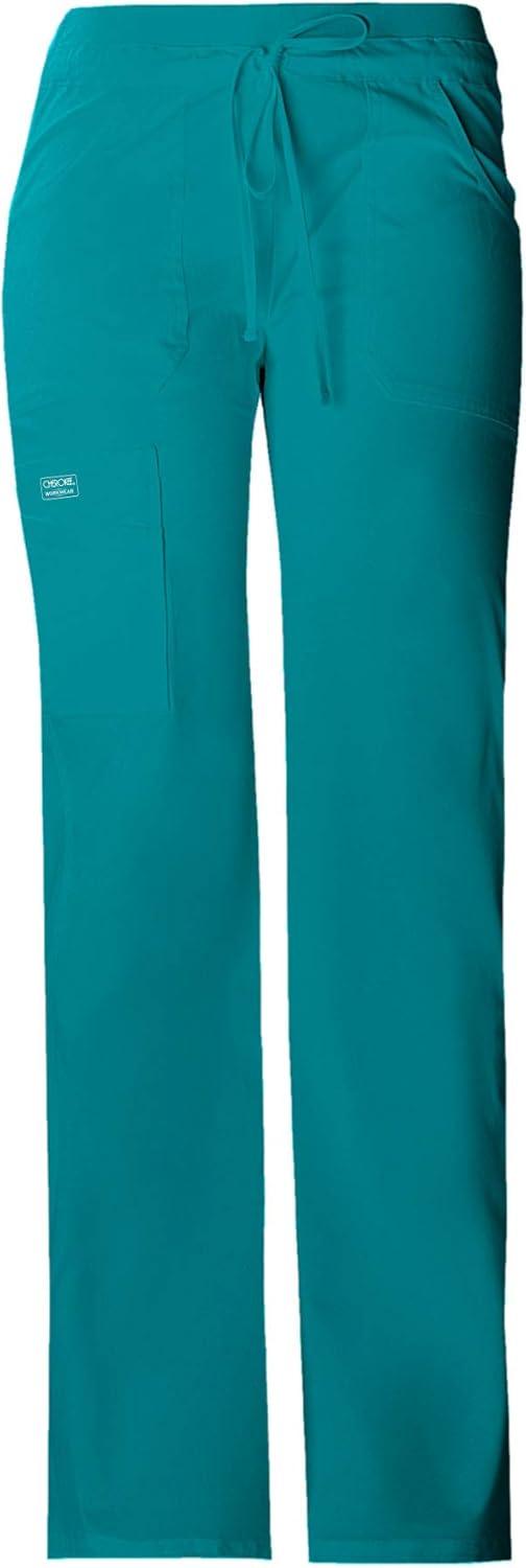 imageCherokee Women Scrubs Pants Low Rise Flare Leg Bottoms Adjustable Drawstring with 6 Pockets 24001Teal Blue