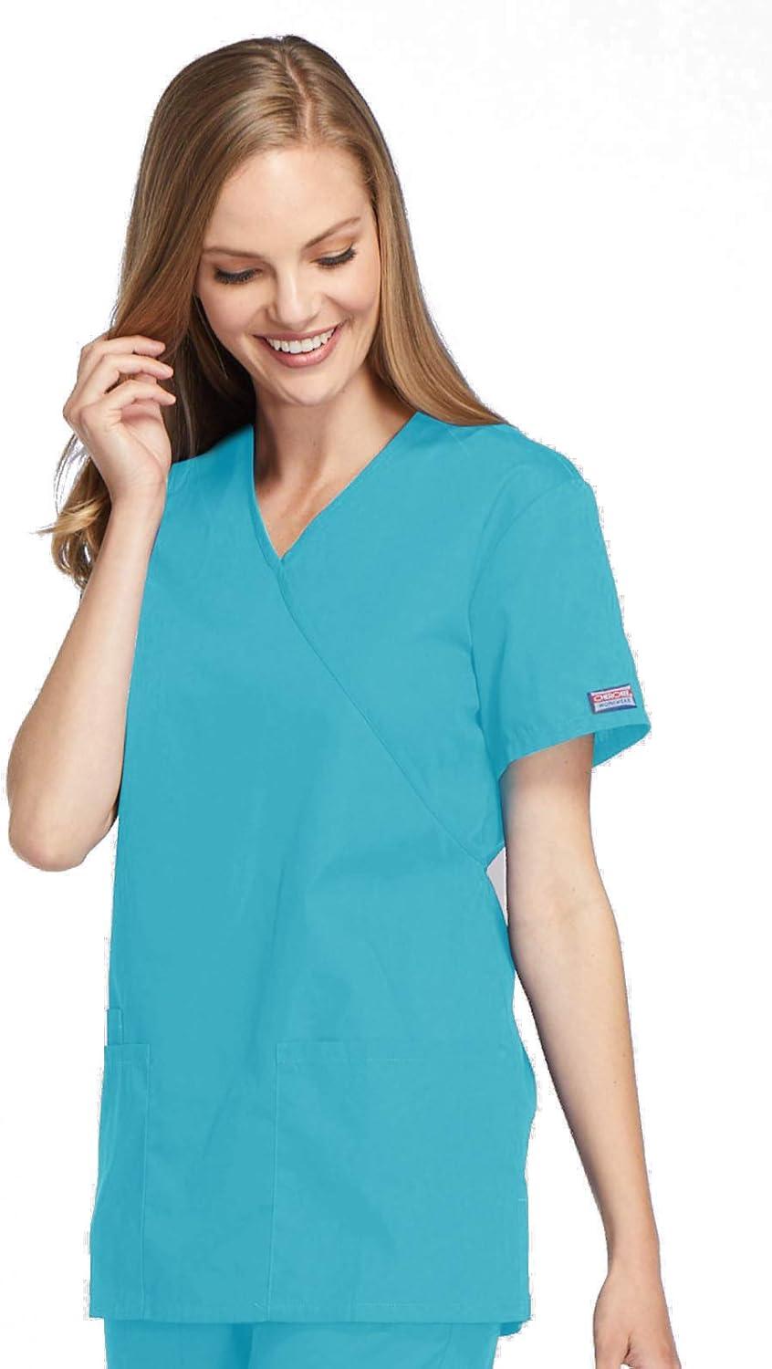 imageCherokee Women Scrubs Top Workwear Originals Mock Wrap Tunic 4801Turquoise