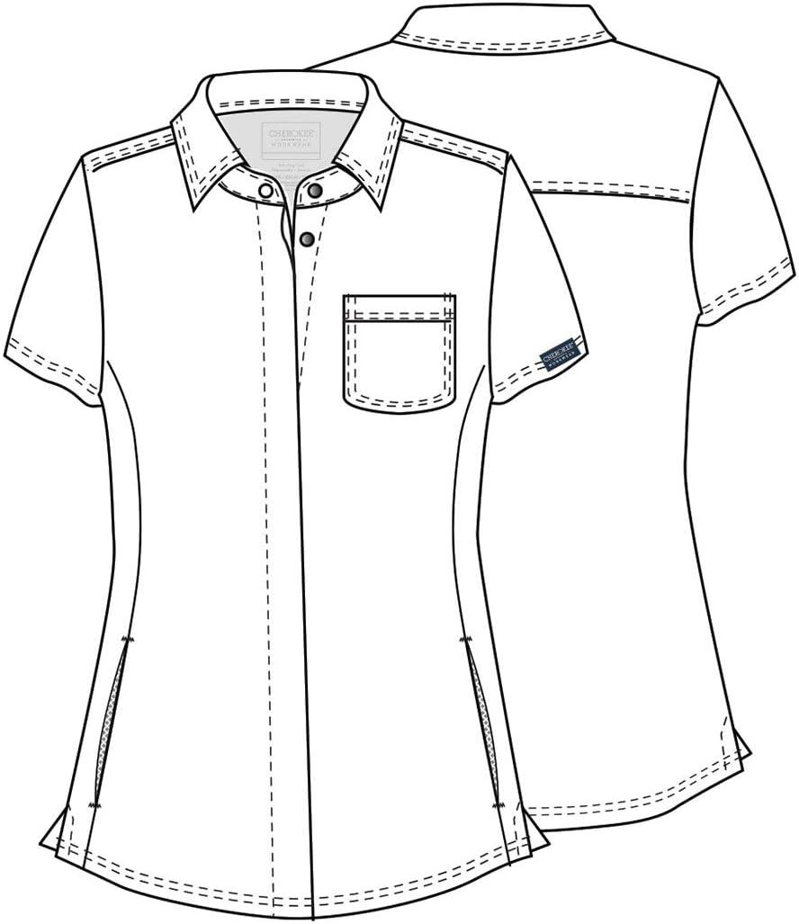 imageCherokee Women Scrubs Top Workwear Revolution Hidden Snap Front Collar WW669Pewter