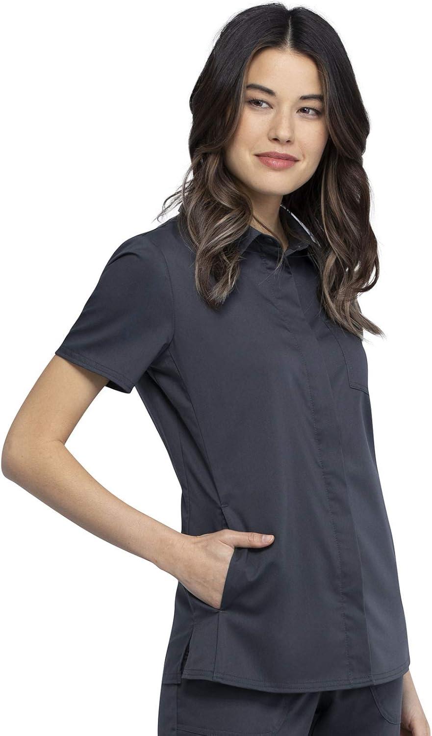 imageCherokee Women Scrubs Top Workwear Revolution Hidden Snap Front Collar WW669Pewter
