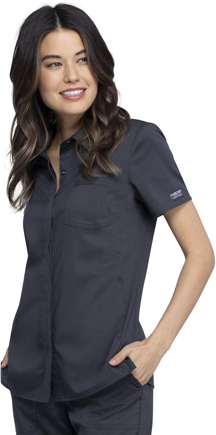 imageCherokee Women Scrubs Top Workwear Revolution Hidden Snap Front Collar WW669Pewter