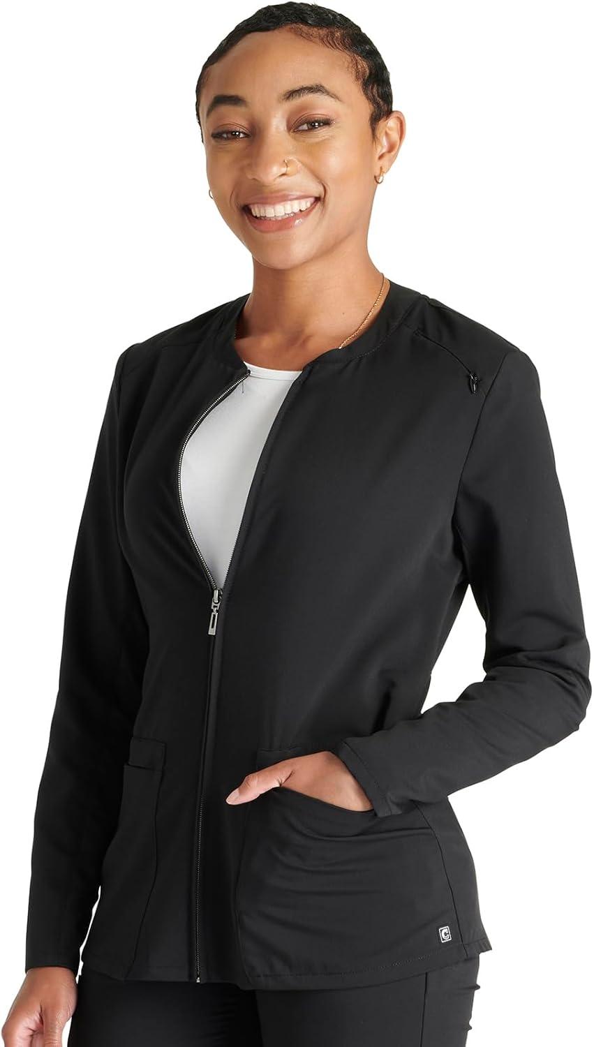imageCherokee Women Zip Scrub Jacket with 2 Pockets and Shirttail Hem Knit Sleeve CK356ABlack