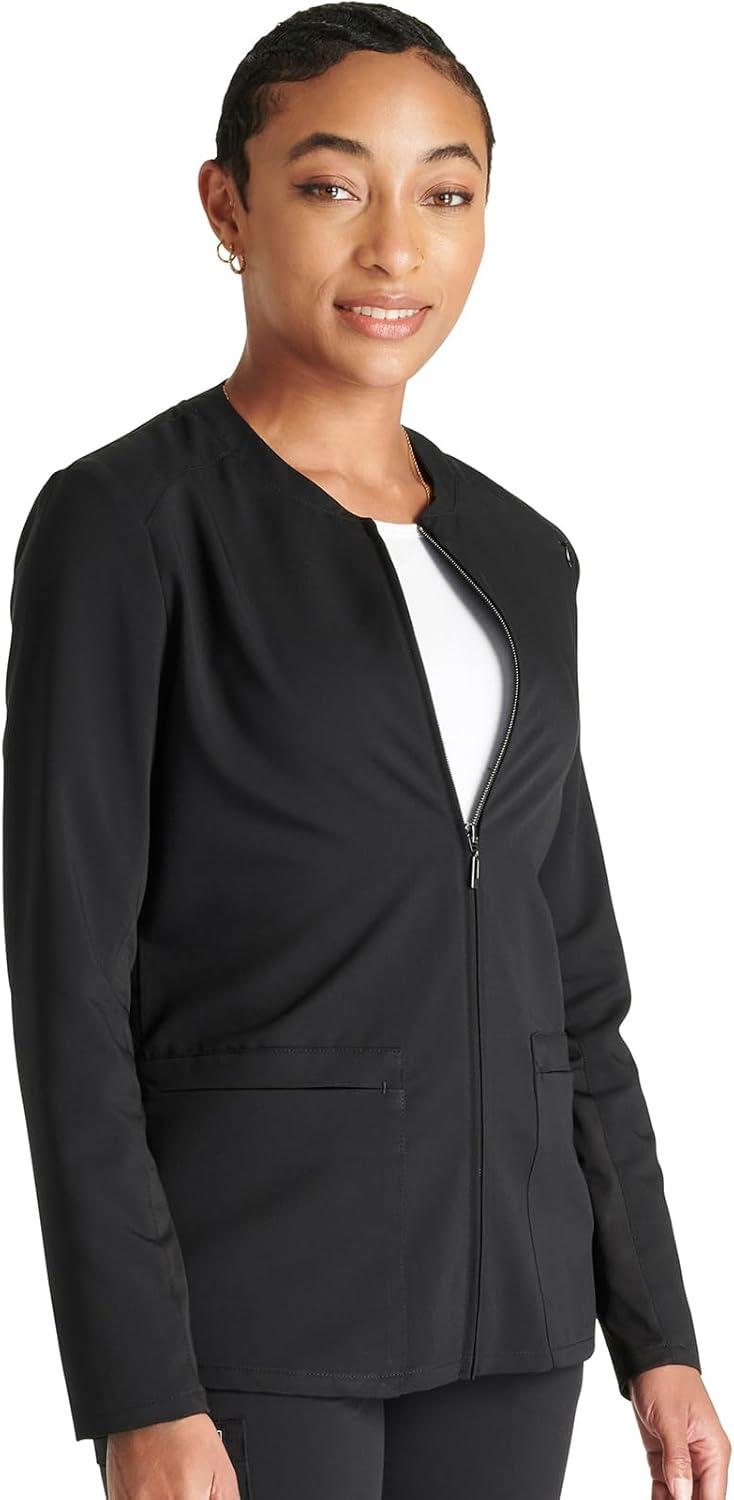 imageCherokee Women Zip Scrub Jacket with 2 Pockets and Shirttail Hem Knit Sleeve CK356ABlack