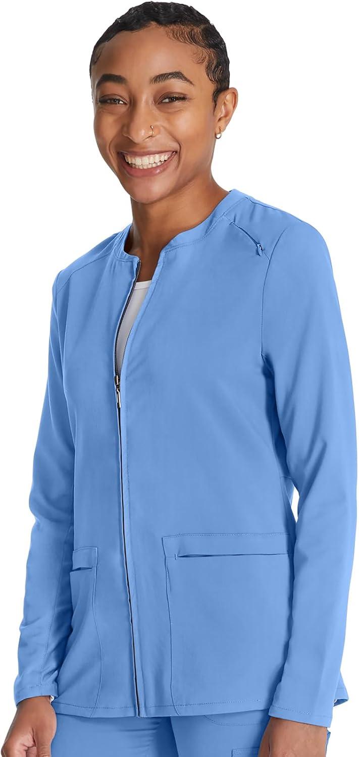imageCherokee Women Zip Scrub Jacket with 2 Pockets and Shirttail Hem Knit Sleeve CK356ACiel