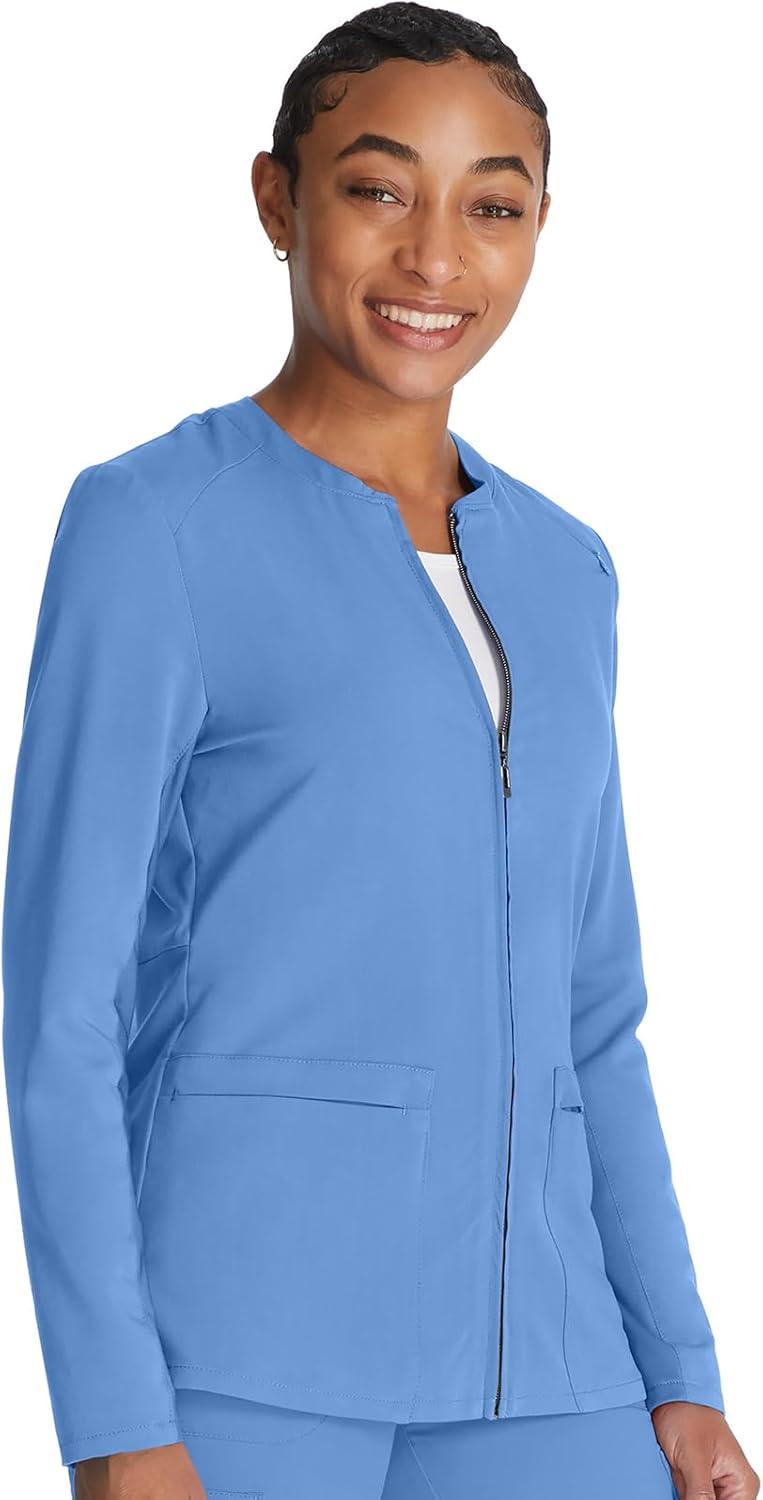 imageCherokee Women Zip Scrub Jacket with 2 Pockets and Shirttail Hem Knit Sleeve CK356ACiel
