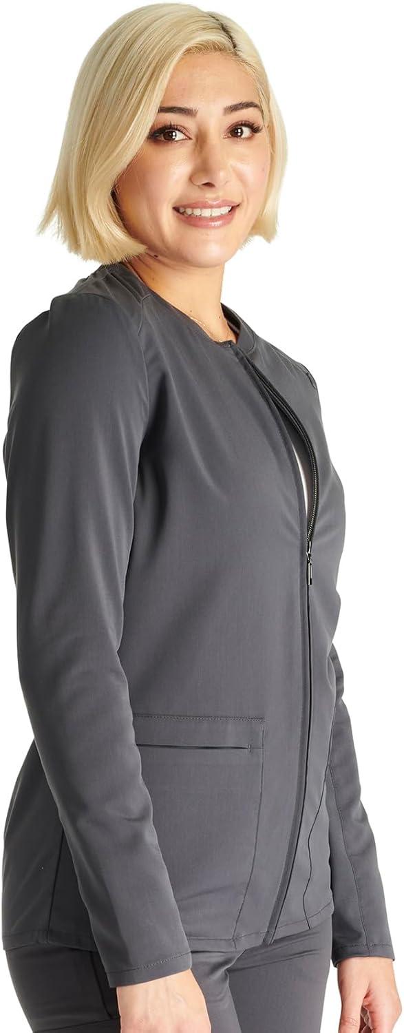 imageCherokee Women Zip Scrub Jacket with 2 Pockets and Shirttail Hem Knit Sleeve CK356APewter