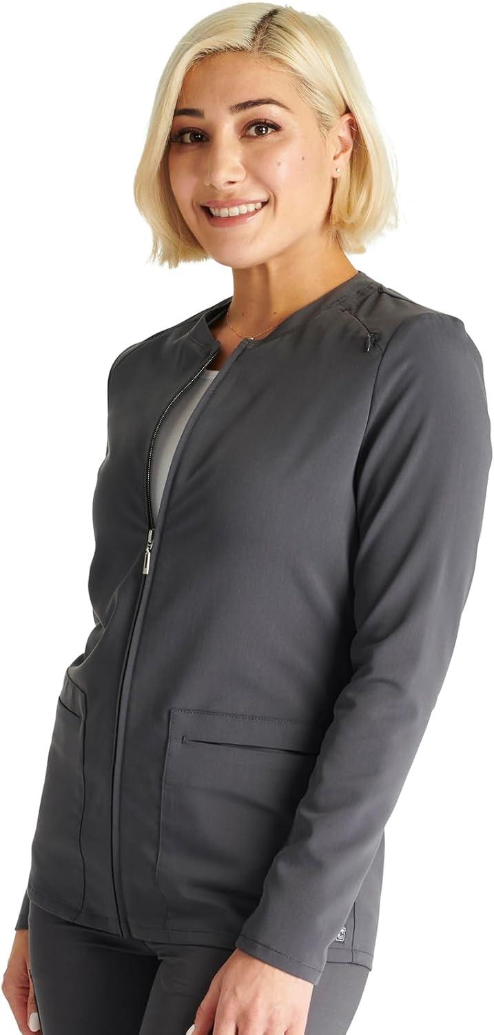 imageCherokee Women Zip Scrub Jacket with 2 Pockets and Shirttail Hem Knit Sleeve CK356APewter