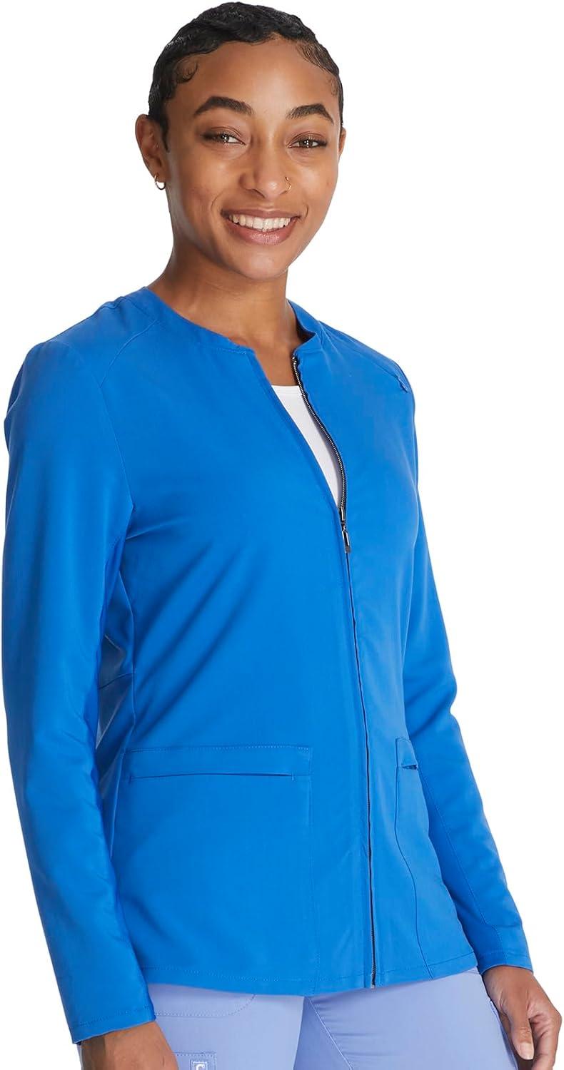 imageCherokee Women Zip Scrub Jacket with 2 Pockets and Shirttail Hem Knit Sleeve CK356ARoyal
