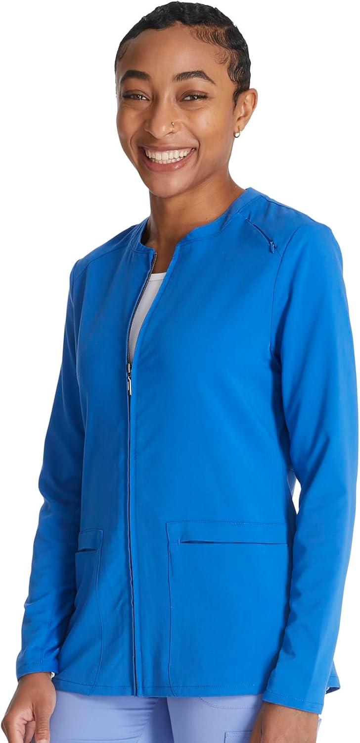 imageCherokee Women Zip Scrub Jacket with 2 Pockets and Shirttail Hem Knit Sleeve CK356ARoyal