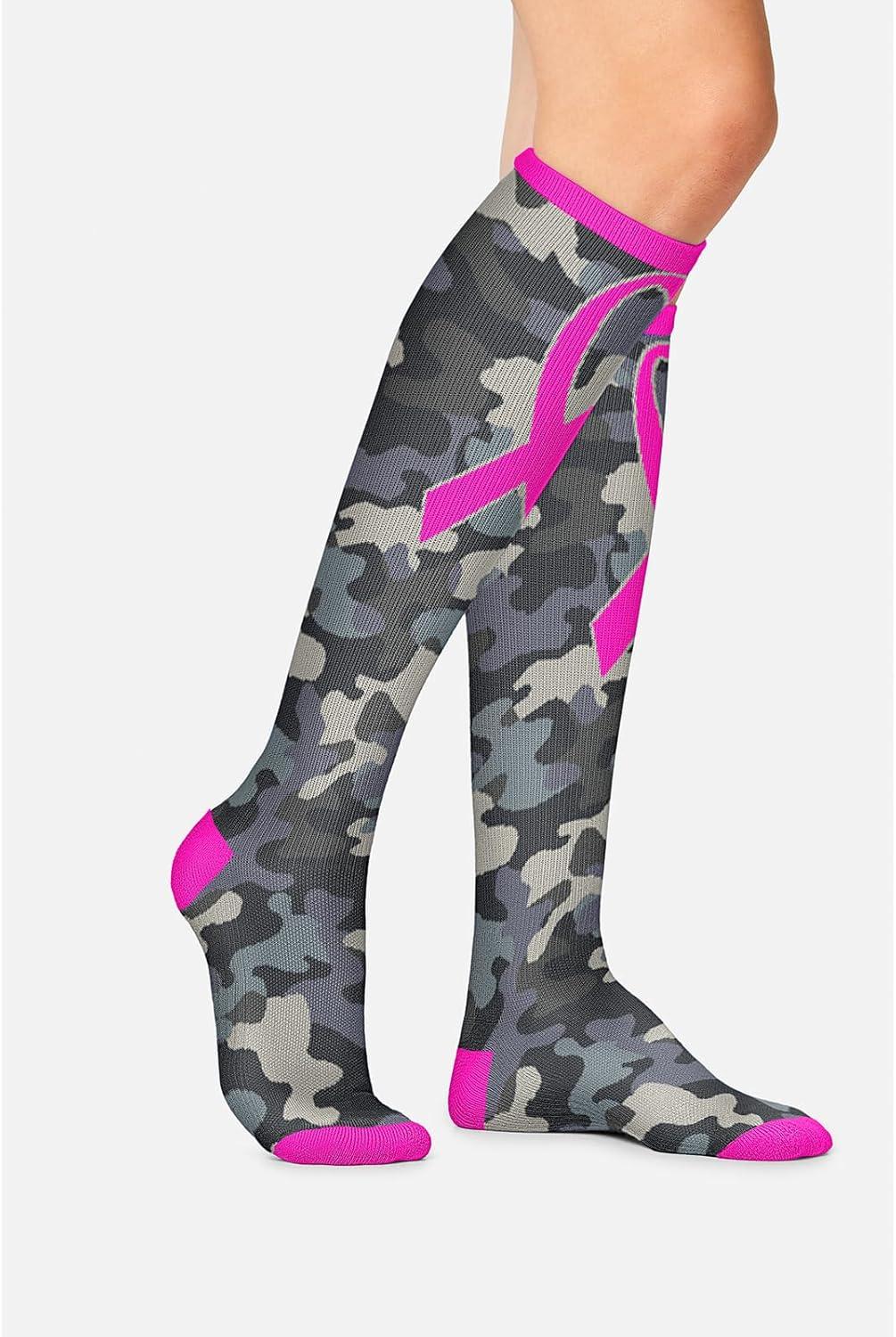 imageCherokee Womens 1015mmHg Compression Socks Fun Print Knee Highs with Light Support Soft Feel PRINTSUPPORTCamo Pink Ribbon