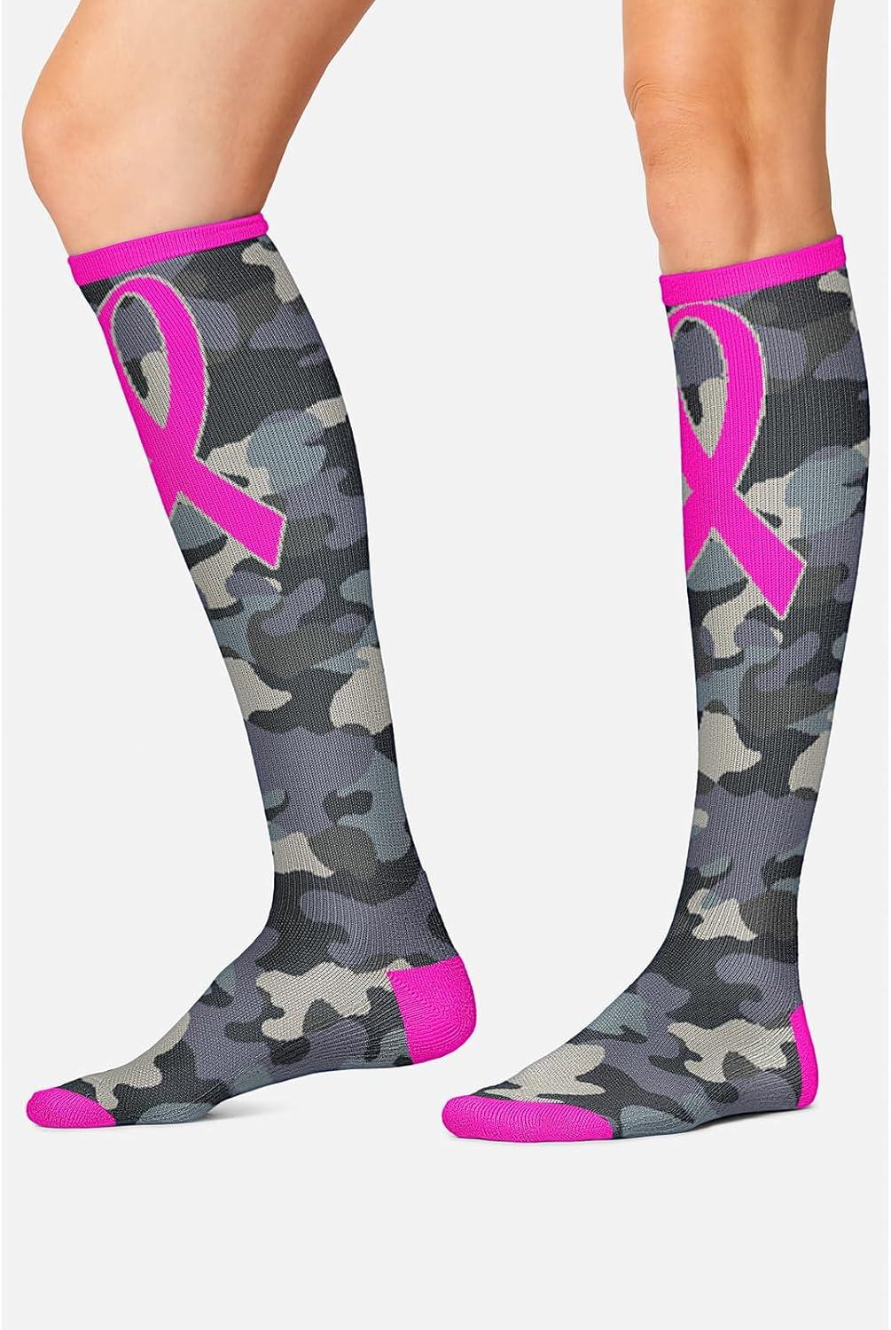 imageCherokee Womens 1015mmHg Compression Socks Fun Print Knee Highs with Light Support Soft Feel PRINTSUPPORTCamo Pink Ribbon