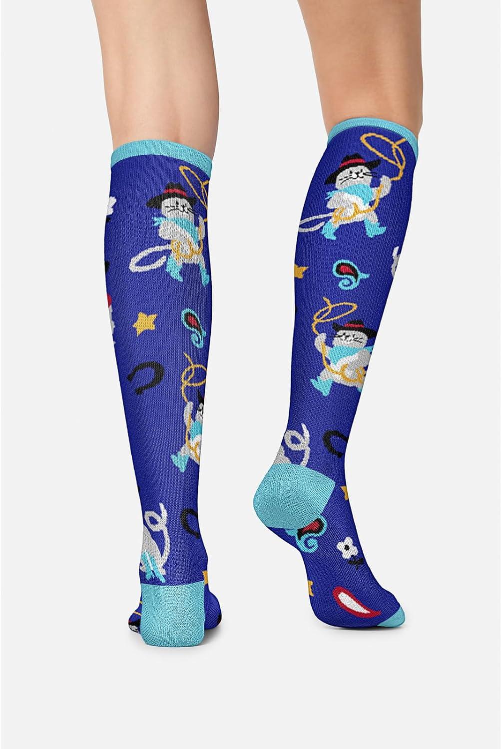 imageCherokee Womens 1015mmHg Compression Socks Fun Print Knee Highs with Light Support Soft Feel PRINTSUPPORTCowboy Cats