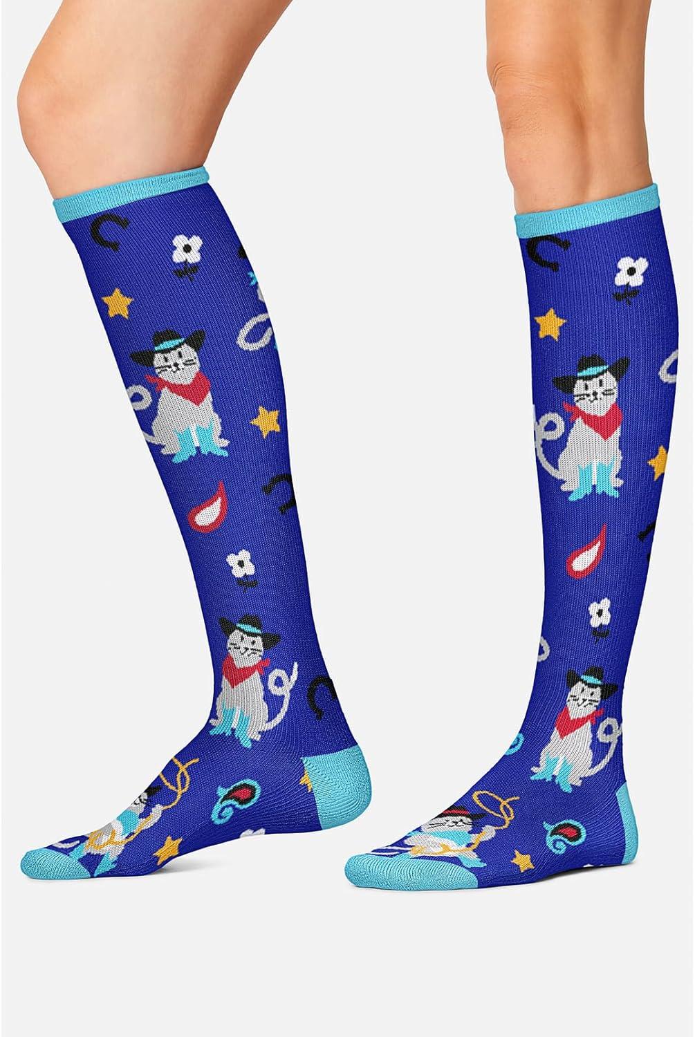 imageCherokee Womens 1015mmHg Compression Socks Fun Print Knee Highs with Light Support Soft Feel PRINTSUPPORTCowboy Cats