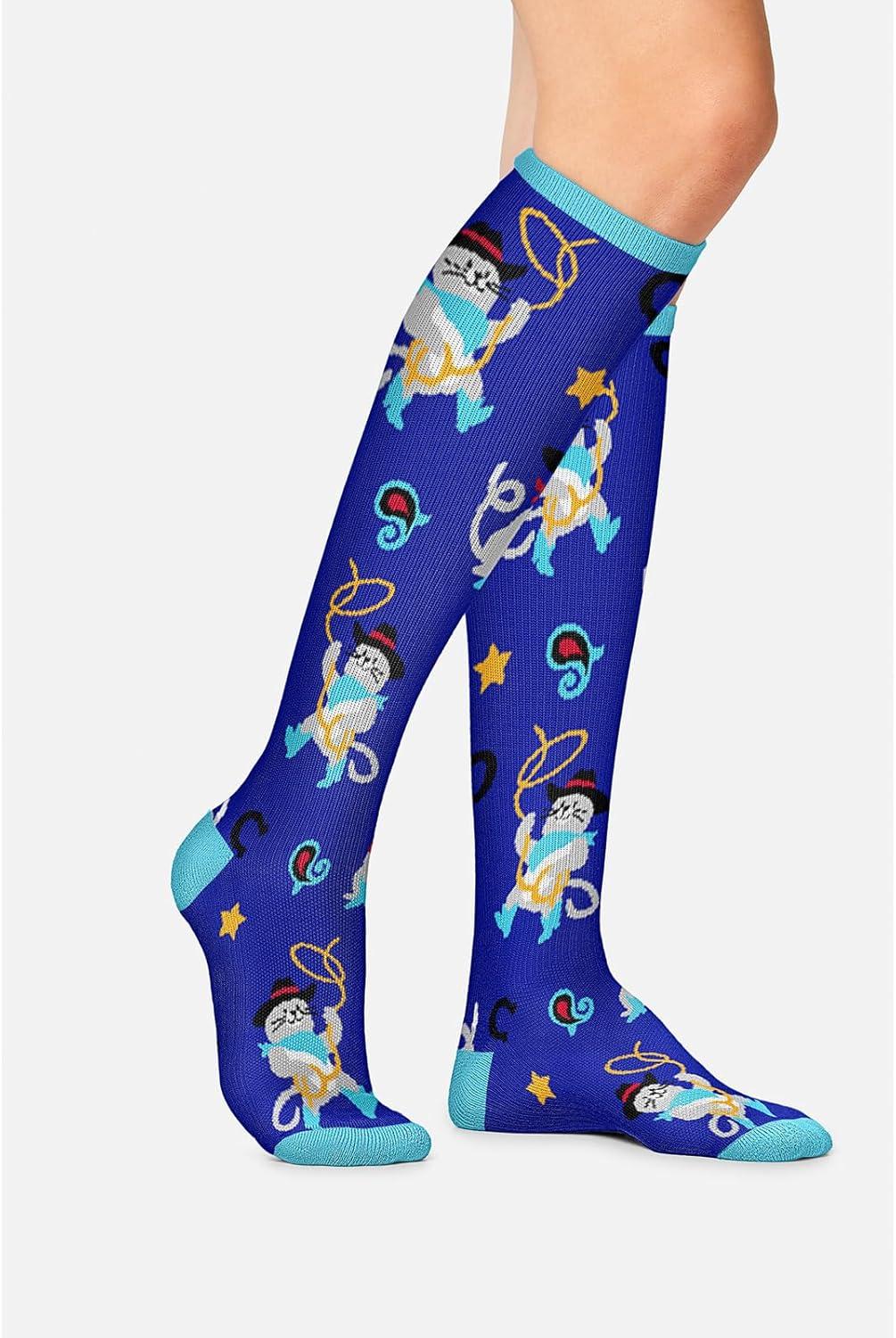 imageCherokee Womens 1015mmHg Compression Socks Fun Print Knee Highs with Light Support Soft Feel PRINTSUPPORTCowboy Cats