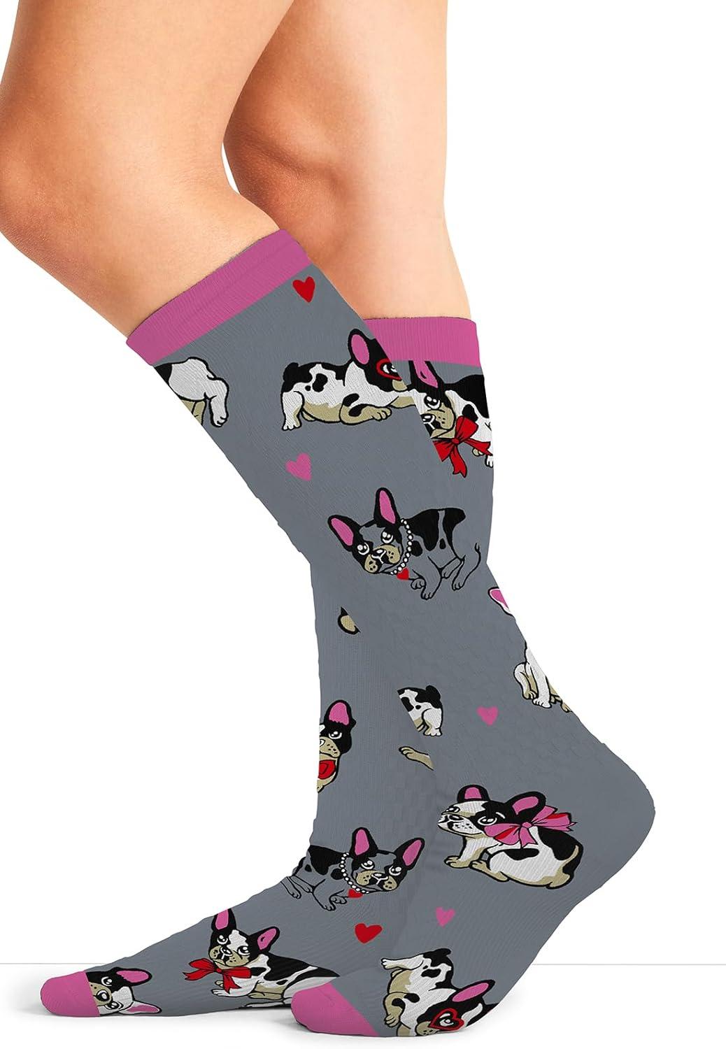 imageCherokee Womens 1015mmHg Compression Socks Fun Print Knee Highs with Light Support Soft Feel PRINTSUPPORTFrenchie Kiss