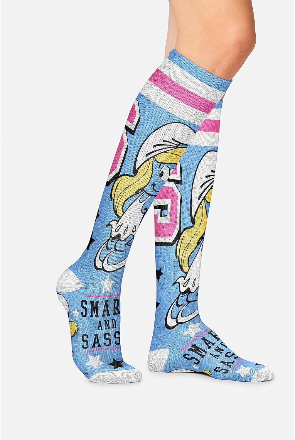 imageCherokee Womens 1015mmHg Compression Socks Fun Print Knee Highs with Light Support Soft Feel PRINTSUPPORTGraduate Smurf