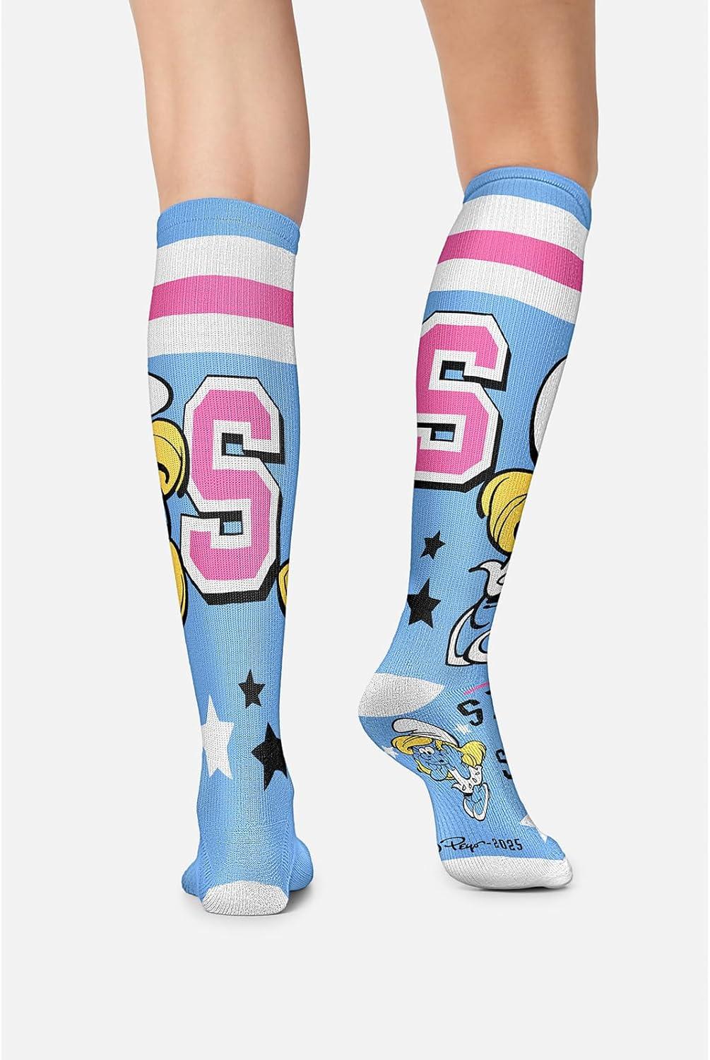 imageCherokee Womens 1015mmHg Compression Socks Fun Print Knee Highs with Light Support Soft Feel PRINTSUPPORTGraduate Smurf