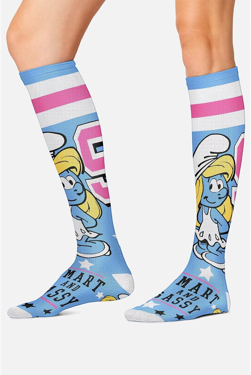 imageCherokee Womens 1015mmHg Compression Socks Fun Print Knee Highs with Light Support Soft Feel PRINTSUPPORTGraduate Smurf