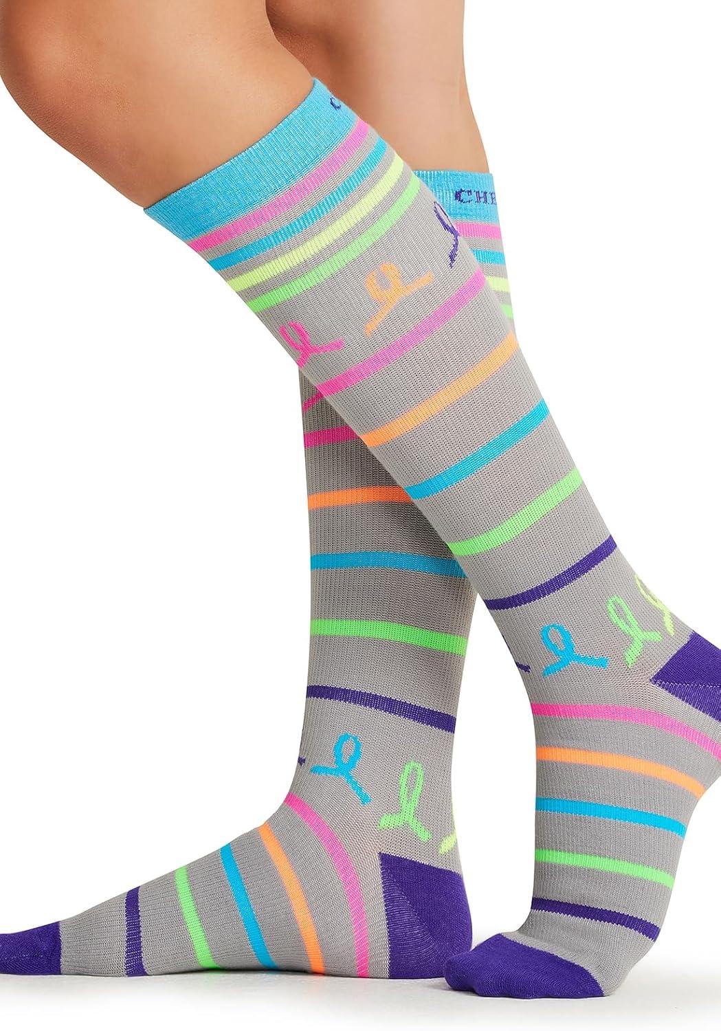 imageCherokee Womens 1015mmHg Compression Socks Fun Print Knee Highs with Light Support Soft Feel PRINTSUPPORTNeon Multi Ribbon