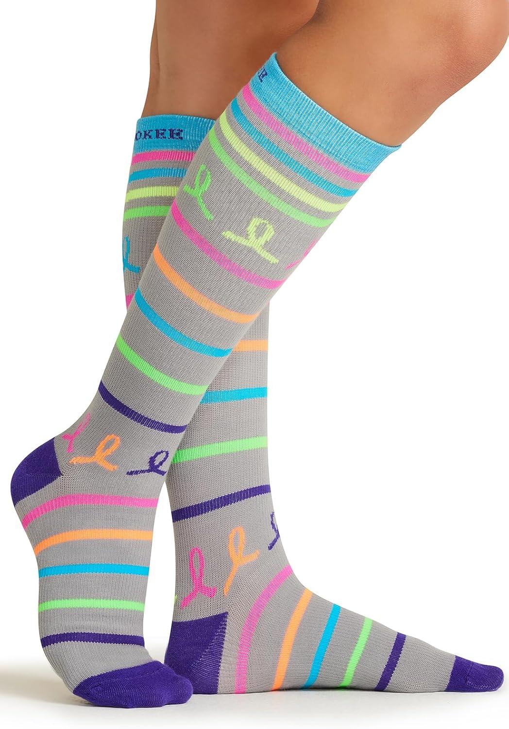 imageCherokee Womens 1015mmHg Compression Socks Fun Print Knee Highs with Light Support Soft Feel PRINTSUPPORTNeon Multi Ribbon