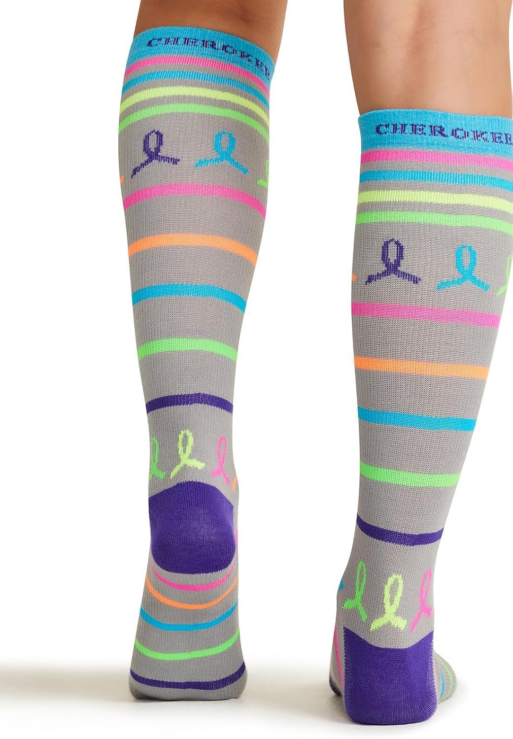 imageCherokee Womens 1015mmHg Compression Socks Fun Print Knee Highs with Light Support Soft Feel PRINTSUPPORTNeon Multi Ribbon