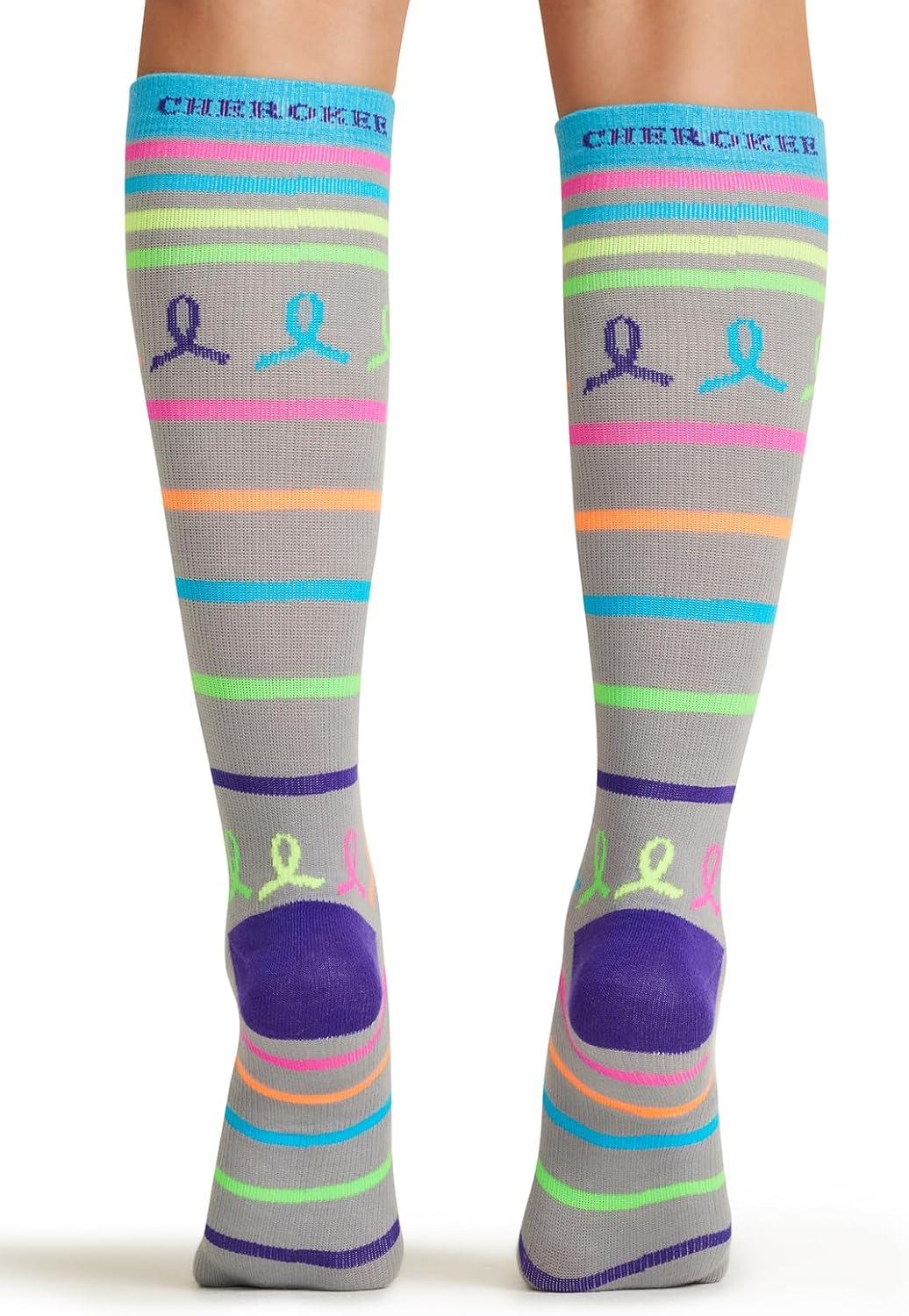 imageCherokee Womens 1015mmHg Compression Socks Fun Print Knee Highs with Light Support Soft Feel PRINTSUPPORTNeon Multi Ribbon