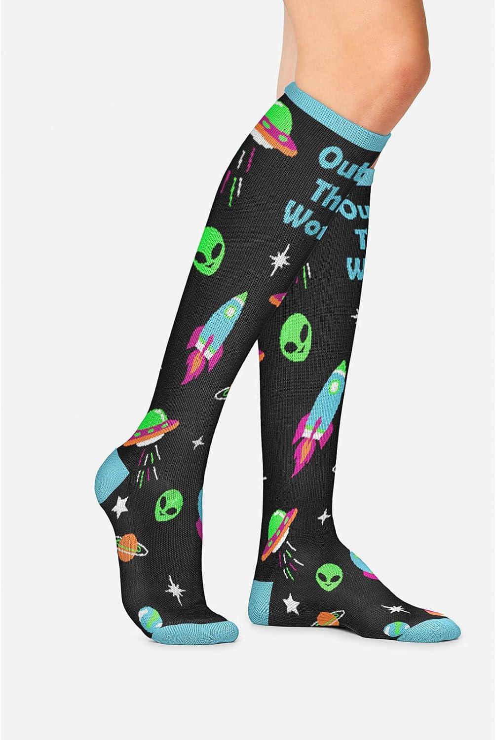 imageCherokee Womens 1015mmHg Compression Socks Fun Print Knee Highs with Light Support Soft Feel PRINTSUPPORTOutta This World