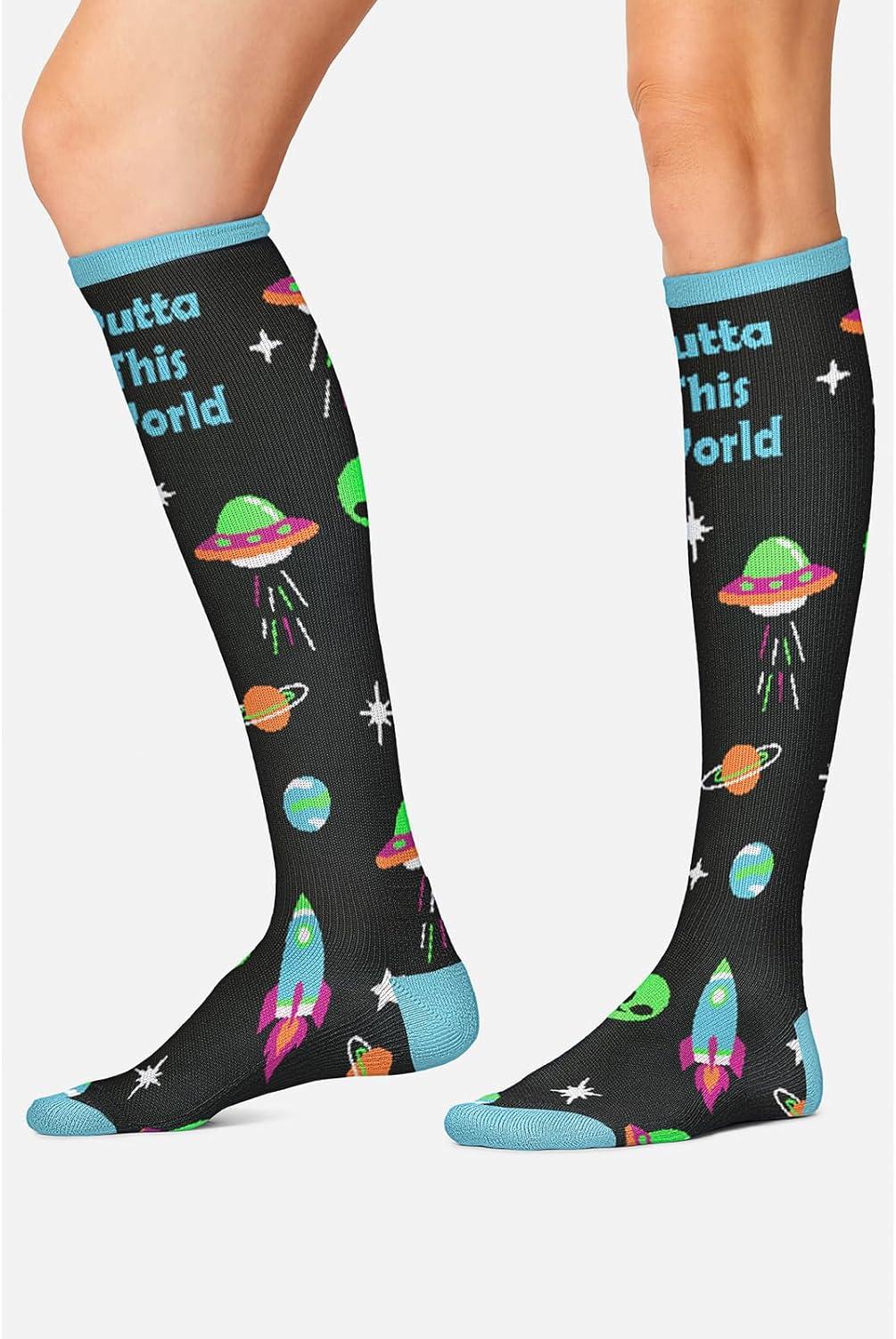 imageCherokee Womens 1015mmHg Compression Socks Fun Print Knee Highs with Light Support Soft Feel PRINTSUPPORTOutta This World