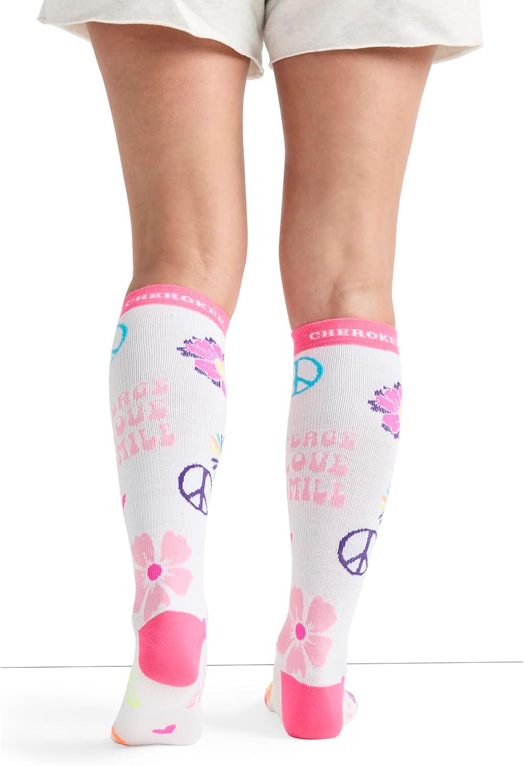 imageCherokee Womens 1015mmHg Compression Socks Fun Print Knee Highs with Light Support Soft Feel PRINTSUPPORTPeace Love Smile