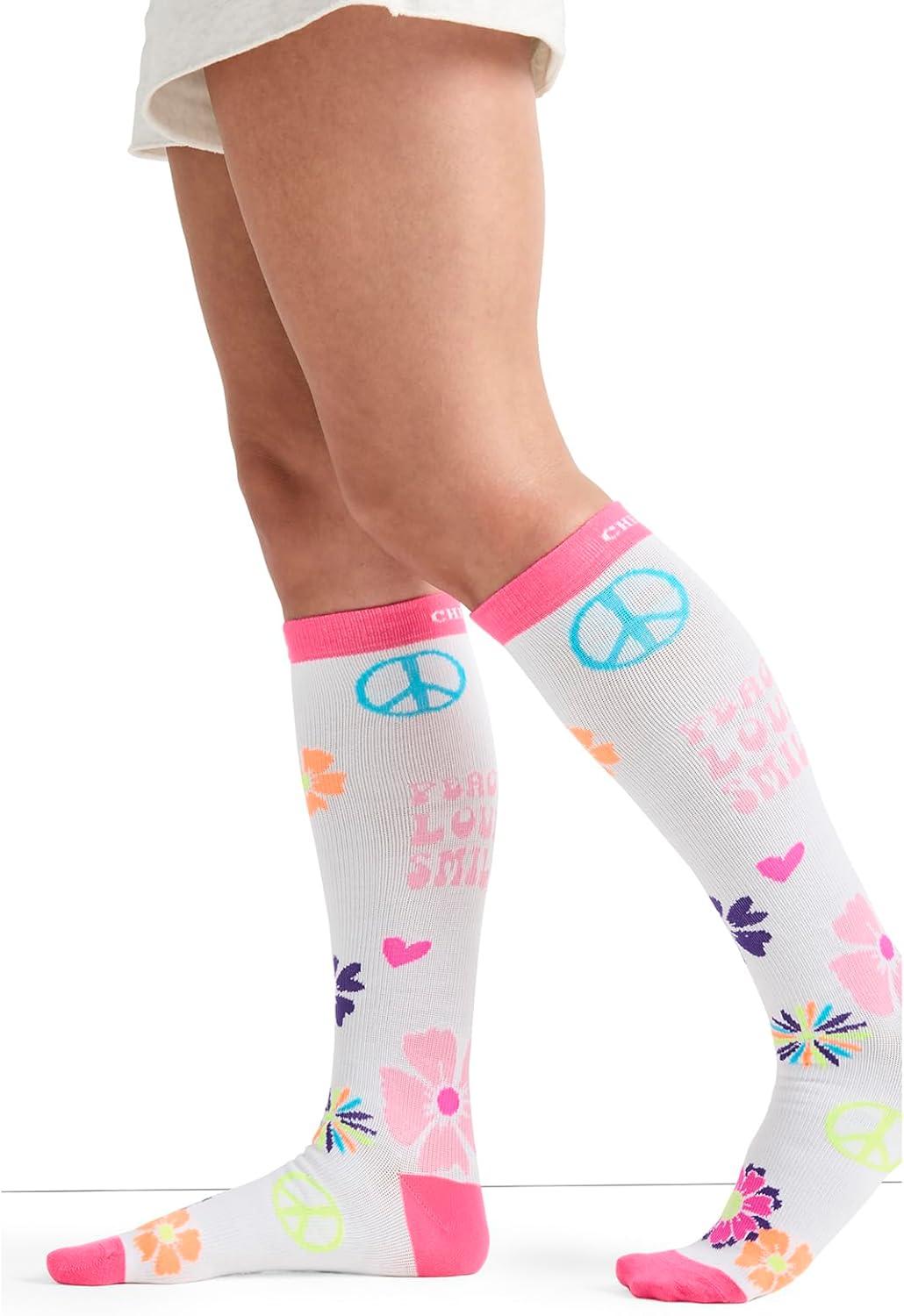imageCherokee Womens 1015mmHg Compression Socks Fun Print Knee Highs with Light Support Soft Feel PRINTSUPPORTPeace Love Smile