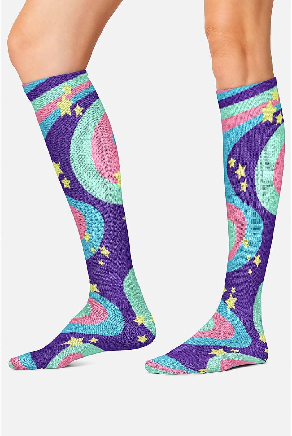 imageCherokee Womens 1015mmHg Compression Socks Fun Print Knee Highs with Light Support Soft Feel PRINTSUPPORTSwirly Stars