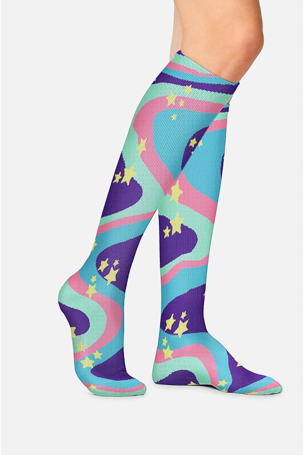 imageCherokee Womens 1015mmHg Compression Socks Fun Print Knee Highs with Light Support Soft Feel PRINTSUPPORTSwirly Stars