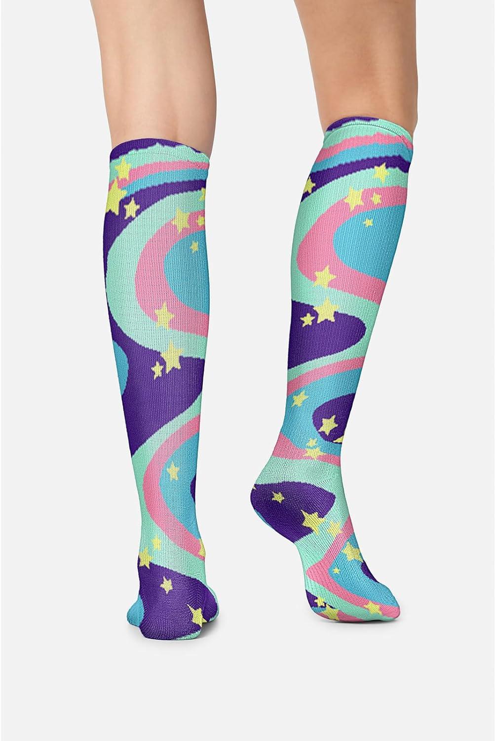 imageCherokee Womens 1015mmHg Compression Socks Fun Print Knee Highs with Light Support Soft Feel PRINTSUPPORTSwirly Stars